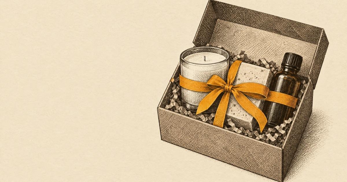 Ink illustration of a candle, soap, and small bottle tied together with one amber ribbon inside an open gift box