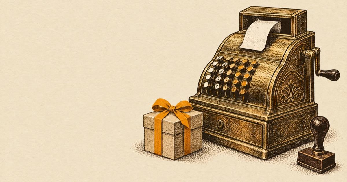 Ink illustration of a brass cash register with a receipt, a small gift box with an amber ribbon, and a rubber stamp