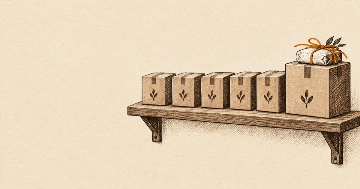 Ink illustration of a row of delivery boxes on a shelf, the newest with an extra item tied in amber string