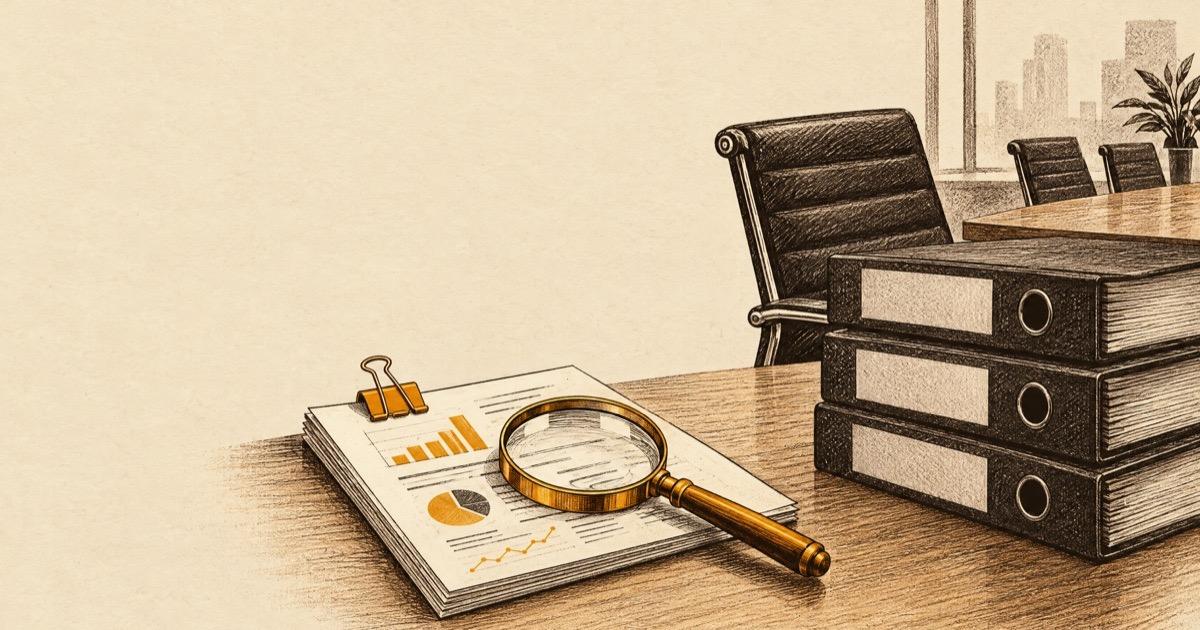 Ink illustration of a magnifying glass and a clipped report next to a stack of consultant binders