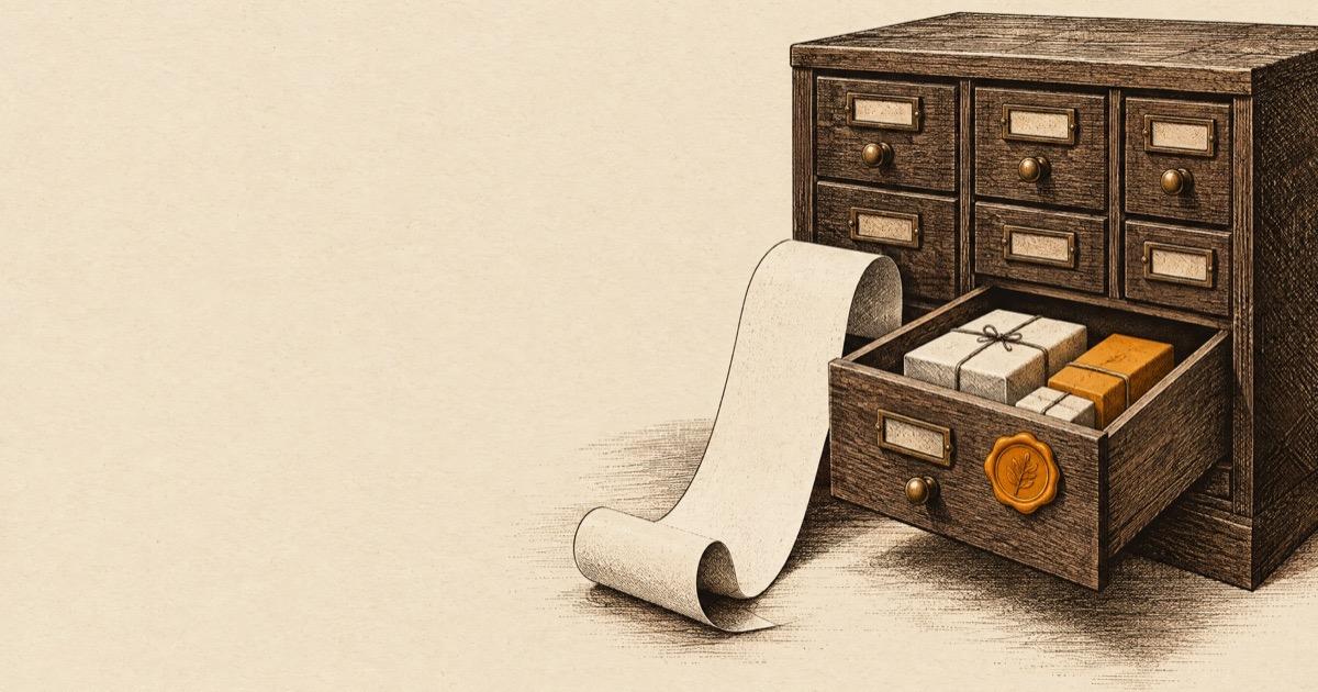 Ink illustration of a small cabinet with one drawer open beside a long paper receipt