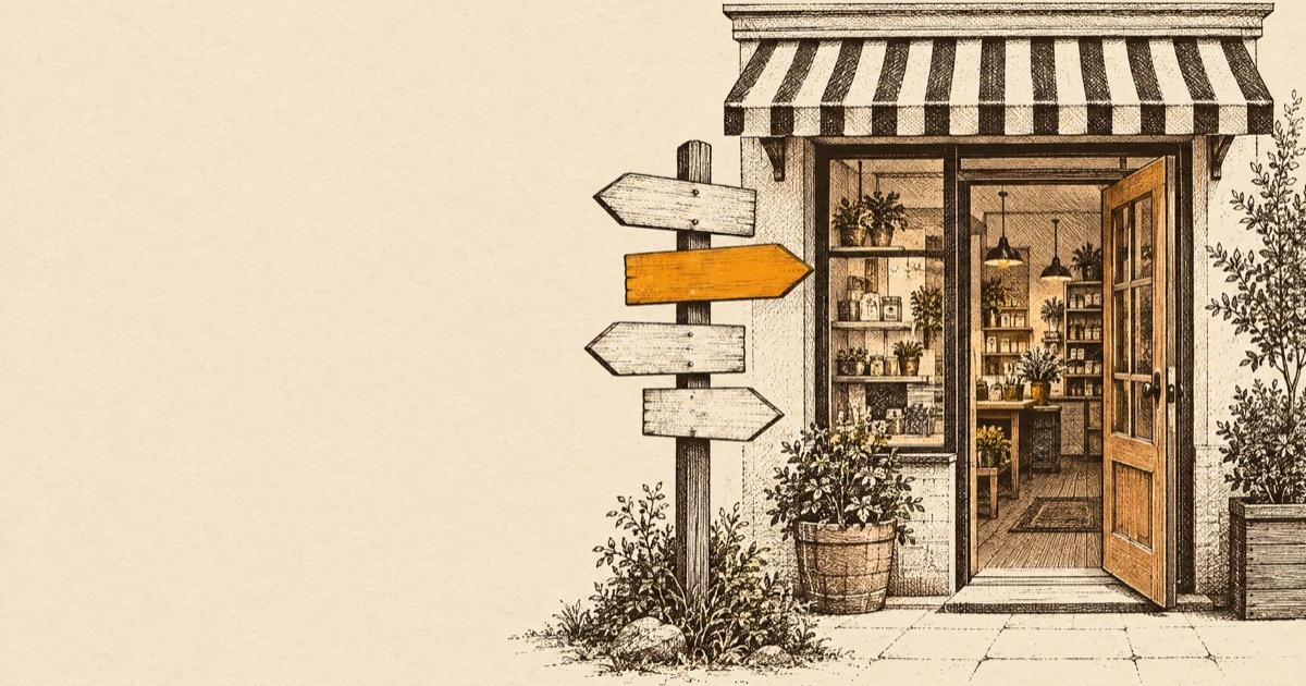 Ink illustration of a small shop front with an open door and a signpost with one amber arrow