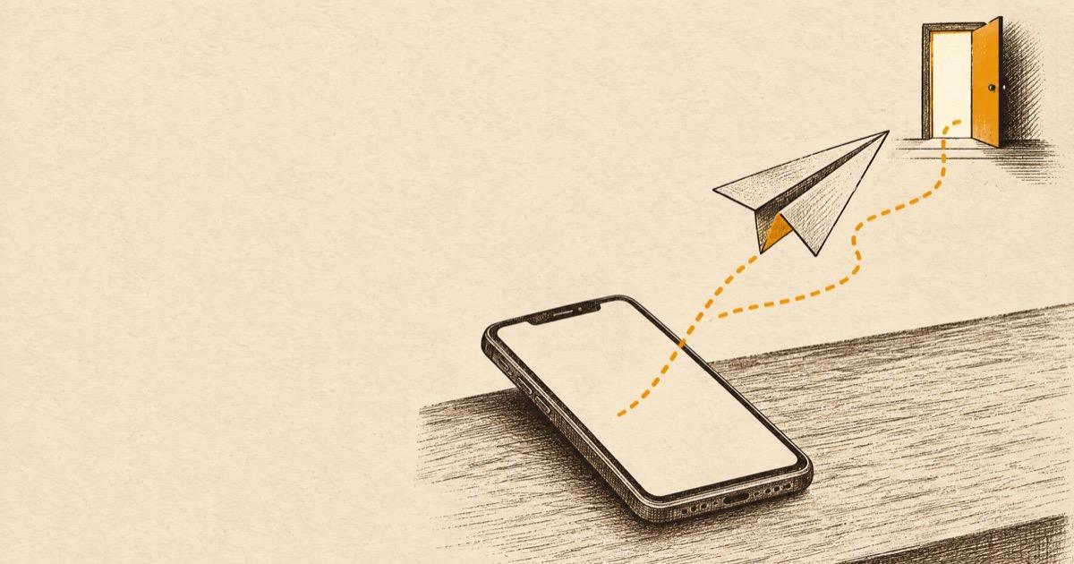 Ink illustration of a paper airplane leaving a phone screen along a dotted amber path toward an open door