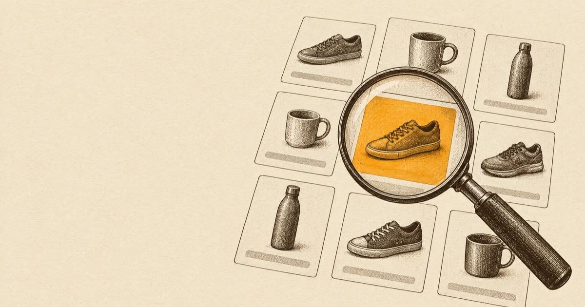 Ink illustration of a magnifying glass over a grid of small product cards with one highlighted in amber