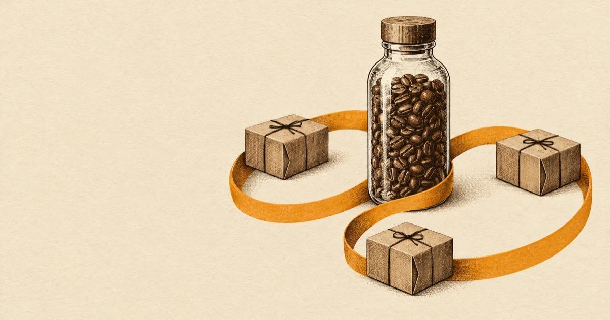 Ink illustration of a refill bottle on an amber ribbon looping around three small parcels