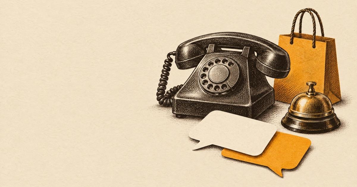 Ink illustration of a vintage telephone and service bell beside blank speech-bubble cards and a shopping bag