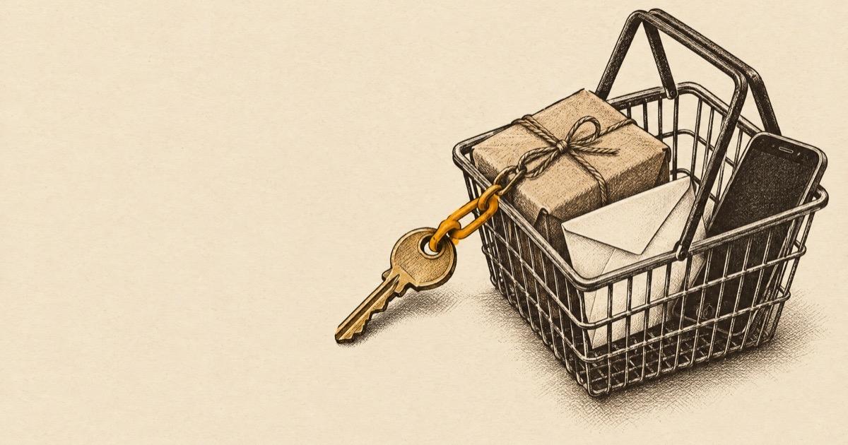 Ink illustration of a brass key linked by an amber chain to a parcel inside a shopping basket