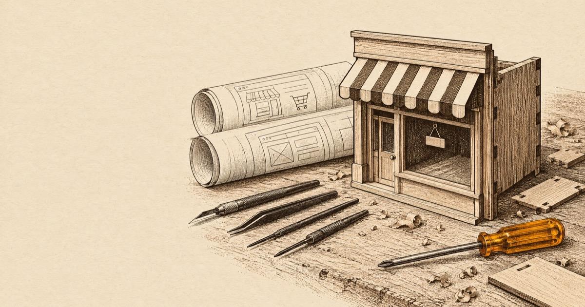 Ink illustration of a workbench with a small shop-front model, fine tools, and rolled blueprints