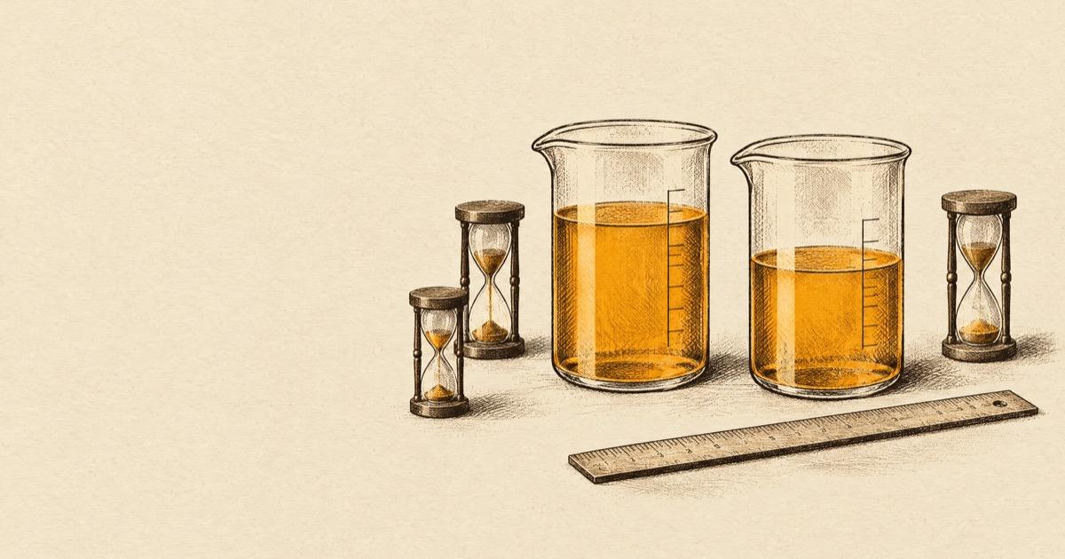 Ink illustration of two glass beakers with slightly different amber fill levels next to small hourglasses