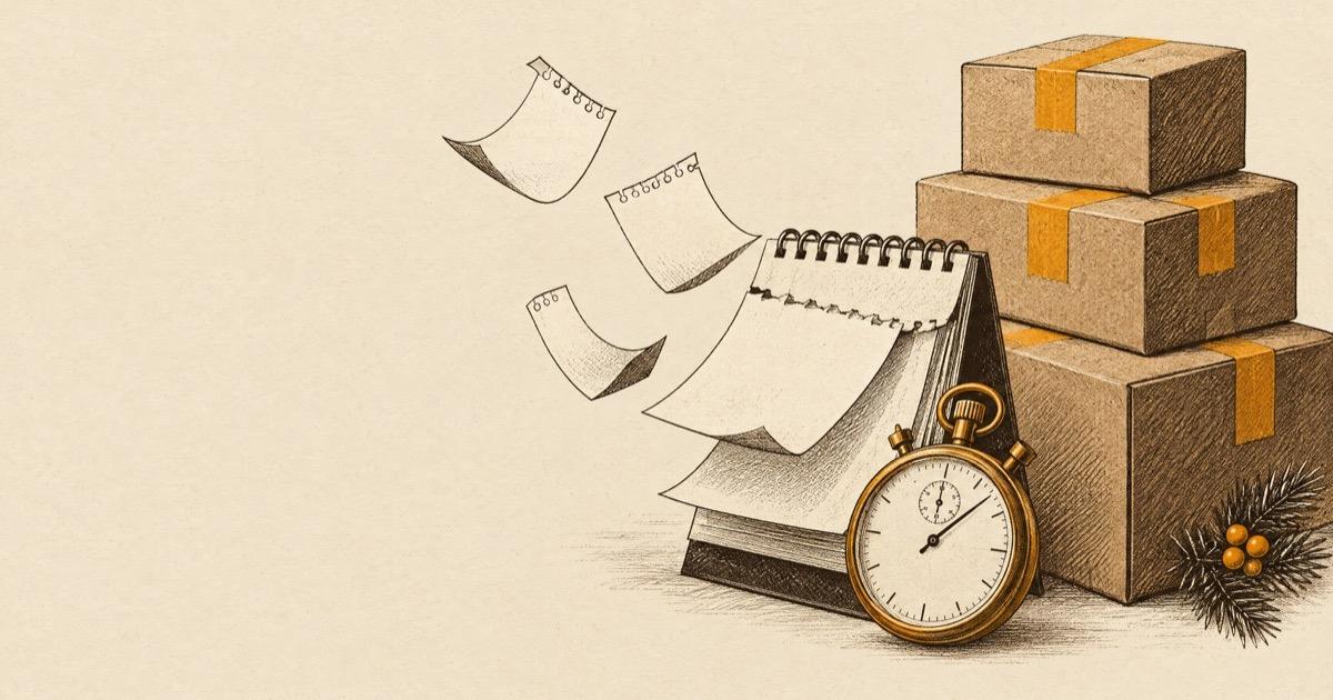 Ink illustration of a tear-off calendar losing pages next to a stopwatch and stacked shipping boxes