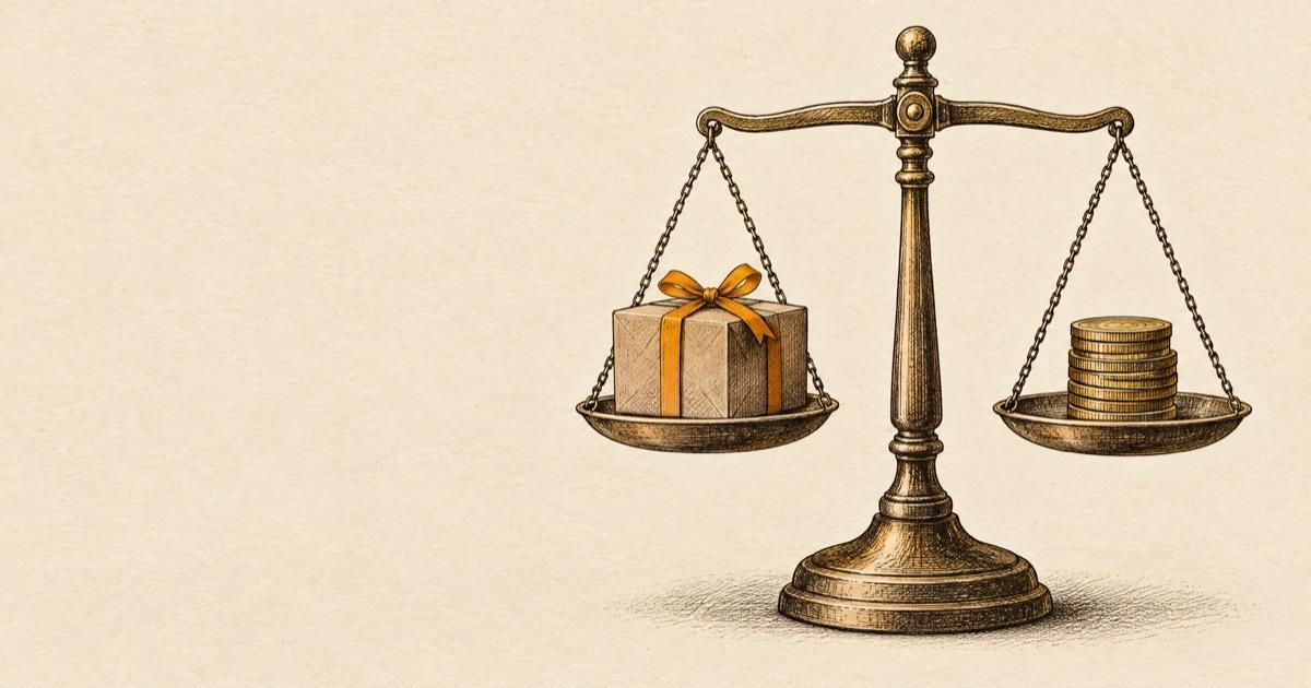 Ink illustration of a brass balance scale holding a parcel on one side and coins on the other