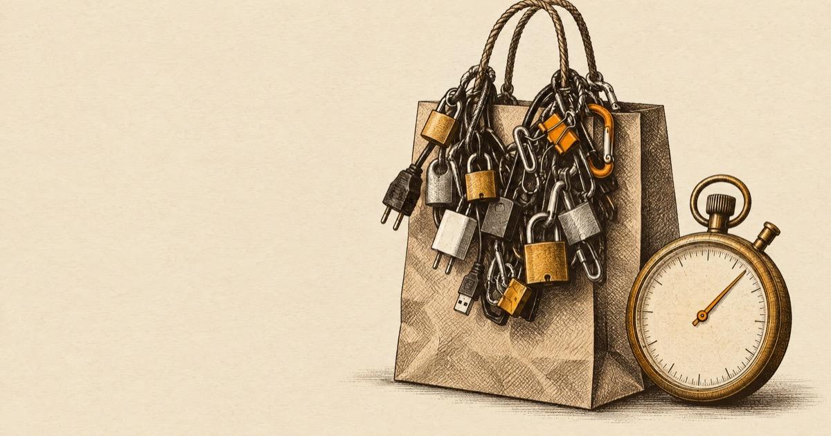 Ink illustration of a paper shopping bag weighed down by padlocks and plugs beside a stopwatch