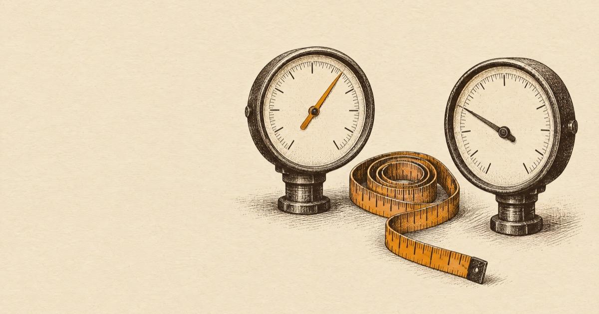 Ink illustration of two vintage gauges with needles pointing to different readings